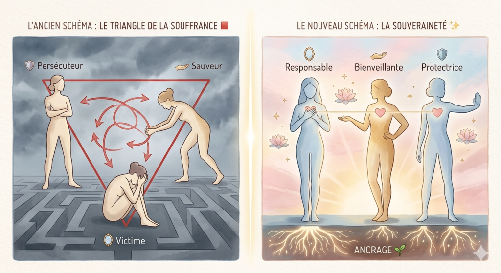 nfographie comparant le triangle dramatique de Karpman (Victime, Sauveur, Persécuteur) à gauche en gris, et la souveraineté relationnelle à droite en couleurs douces avec les postures de Responsable, Bienveillante et Protectrice sur un fond lumineux d'ancrage - HarmoniSens