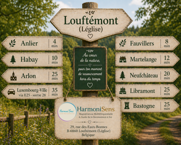 Cabinet HarmoniSens — Magnétisme Multifréquentiel & Soins Énergétiques à Louftémont, Léglise, Luxembourg (BE) — à proximité d'Arlon, Habay, Bastogne, Neufchâteau, Libramont, Anlier, Fauvillers, Martelange