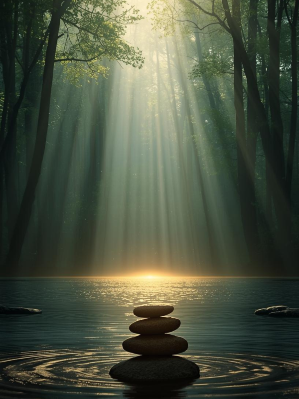 Lumière dorée filtrant à travers la nature, évoquant la justesse et la sensation de ressentir son alignement intérieur profond